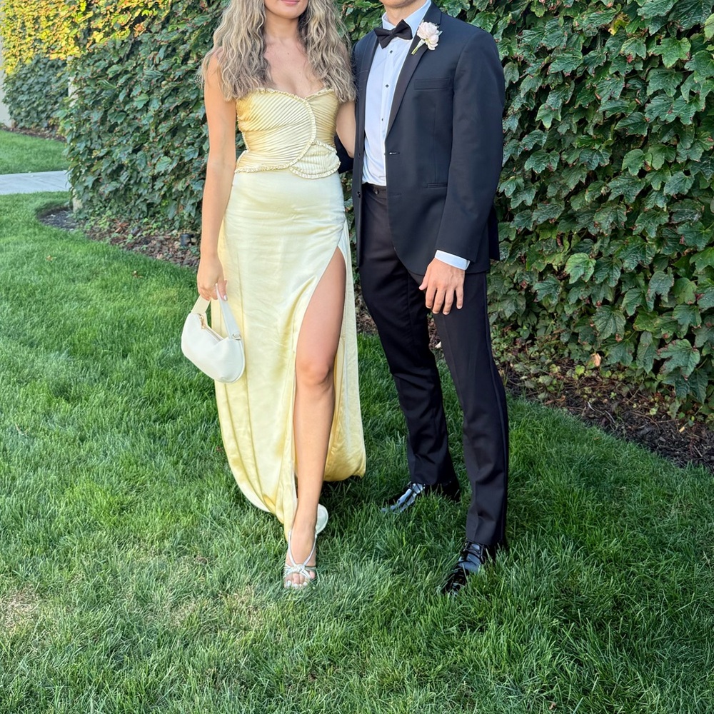 Meshki Satin Yellow Maxi Dress with Slit